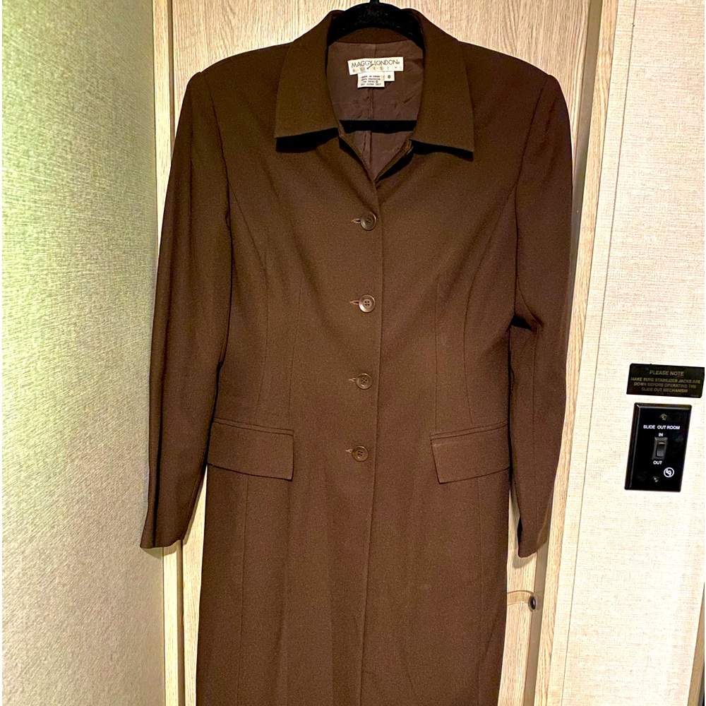 Vintage Maggy London Stretch Size 8 Brown Suit Jacket Blazer Midi Coat